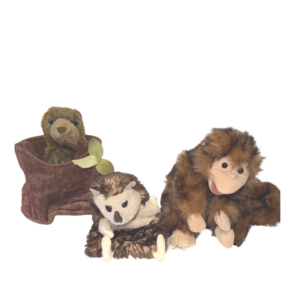 Plush Forest Animal Set Bear in Tree Stump Hedgehog Monkey Stuffed Toy Lot
